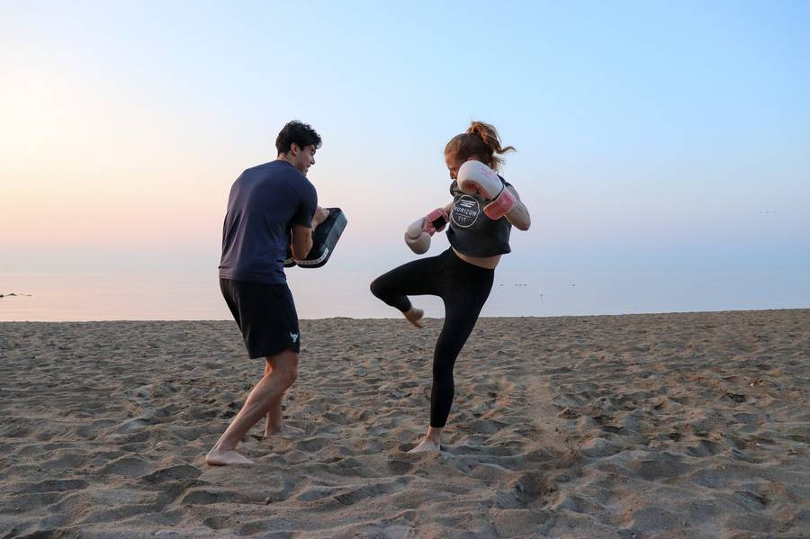 Horizon Fit training session on the beach at sunrise